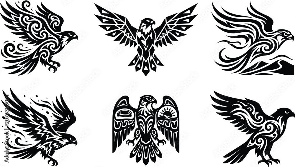 Fototapeta premium Set of stylized black eagle and falcon emblems featuring tribal, geometric, and ornamental design elements