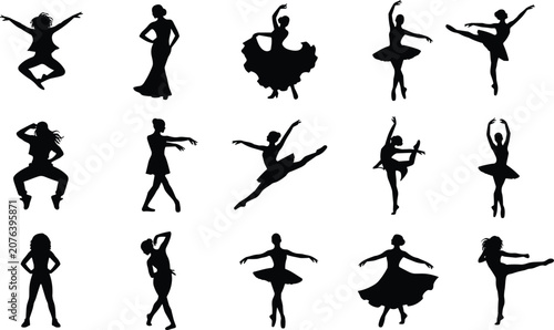 Women Dance Silhouette Collection with Ballet Performance and Elegant Pose Vector Set