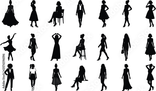 Women Silhouette Bundle with Fashion Poses Standing Sitting and Walking Vector Collection