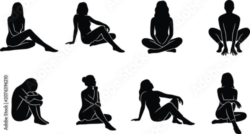 Women Sitting Silhouette Collection with Elegant Relaxed and Thoughtful Pose Vector Set