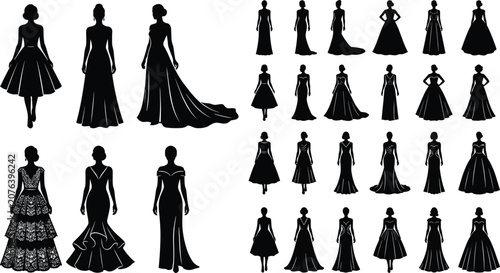Women Evening Gown Silhouette Collection with Elegant Fashion Dress Vector Set