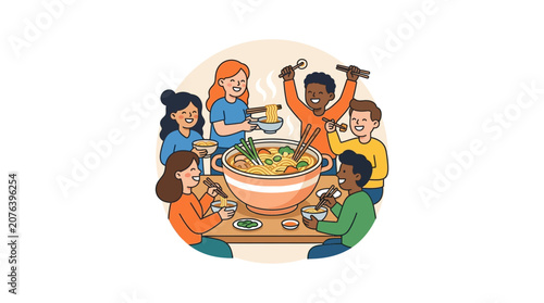Diverse Group Enjoying Hot Pot Meal Together at Table
