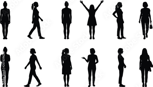 Women Standing and Walking Silhouette Collection with Everyday Lifestyle Vector Set