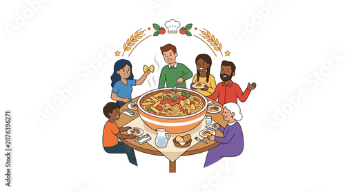 Diverse Group Enjoying Large Communal Pasta Dinner Around Table