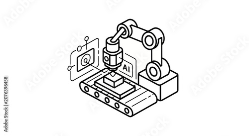 Industrial robotic arm on conveyor belt with artificial intelligence