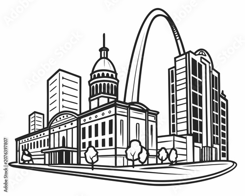 St Louis Missouri cityscape with Gateway Arch, Old Courthouse and modern buildings, Mississippi Riverfront, urban skyline illustration, iconic landmark drawing, city architecture.