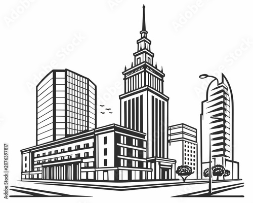 Warsaw cityscape with Palace of Culture and Science and modern skyscrapers, city skyline illustration, diverse architecture, urban landscape, line art drawing, Polish capital.