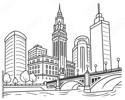 Cleveland cityscape with Terminal Tower and Cuyahoga River bridges, city skyline illustration, architecture and urban landscape, bridges over water, trees and buildings, line art.