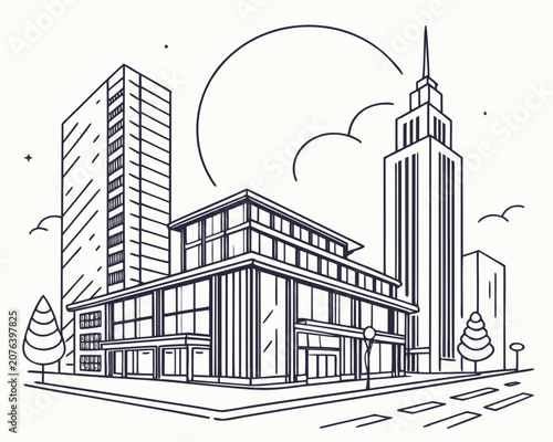 Modern cityscape with varied building architecture including skyscrapers and office blocks, minimalist line art illustration style, urban environment with trees and street elements, clean design.