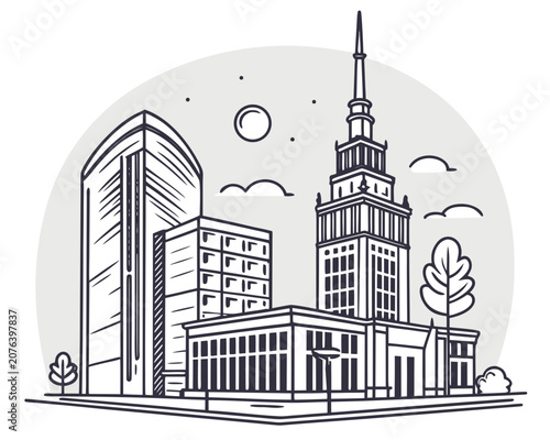 Minimalist urban skyline vector art featuring modern and classic buildings with trees, clouds, and sun, depicting a lively city scene for web design, business presentations, or educational materials.