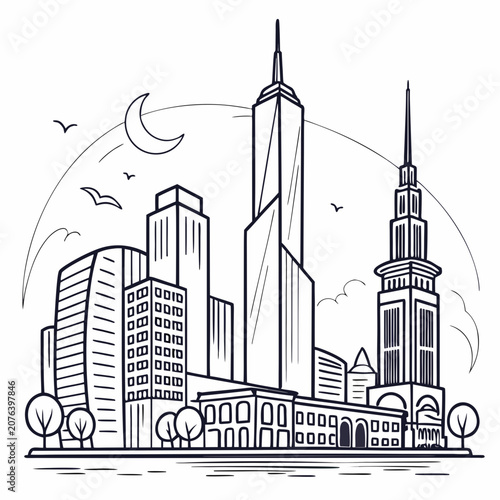 Hand drawn city skyline illustration featuring tall skyscrapers and clock tower under crescent moon and flying birds for nighttime urban landscape design or coloring book page background vector.