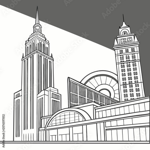 Art deco skyscraper sketch with classical architectural details and large building in foreground featuring grand arch and circular window motif for vintage urban landscape design vector graphic.