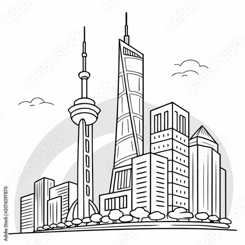 Minimalist city skyline sketch featuring tall skyscrapers and iconic tower landmark with simple clouds and trees for urban landscape design projects or coloring page background vector illustration.
