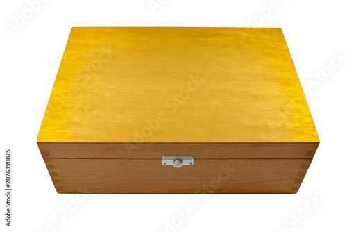 Closed vintage wooden storage case for microscope accessories isolated on white background