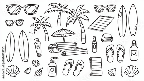 Tropical Beach Vacation Scene with Sunbeds and Palm Trees.