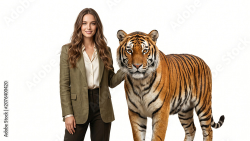Strong Woman Beside a Magnificent Tiger
Bengal Tiger and Woman Symbolizing Strength and Courage with white background