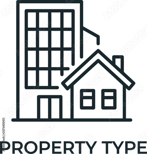 Minimalist outline icon showing a tall apartment building next to a small residential family house
