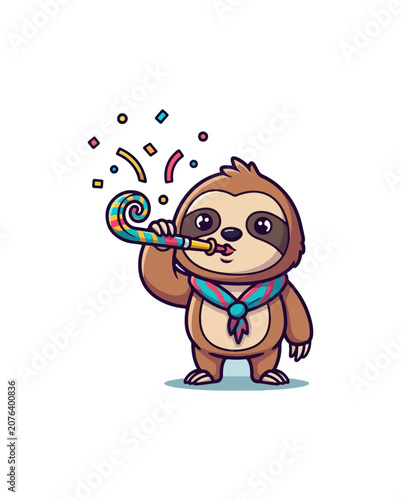 Cute cartoon sloth celebrating with party horn