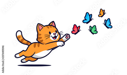 Cute cat chasing butterflies illustration
