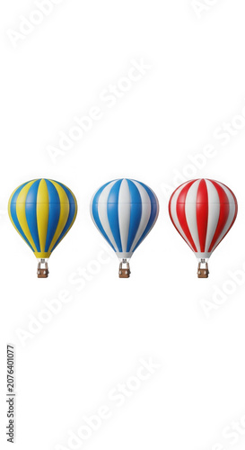 Three colorful striped hot air balloons floating in clear sky transparent background
