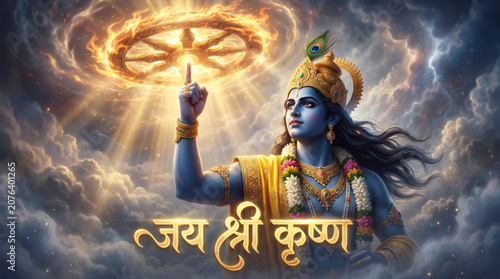 Lord Krishna Holding Sudarshan Chakra in Divine Clouds for Spiritual Greeting Design
