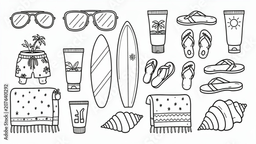 Beach Accessories and Summer Items Collection for Vacation.