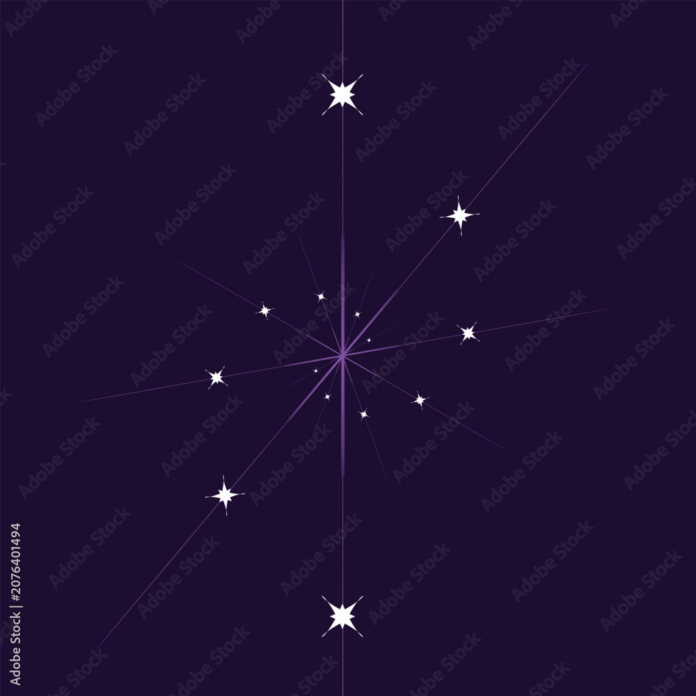 Fototapeta premium Sparkling starburst and geometric lines in white and purple on deep purple background, 87 characters