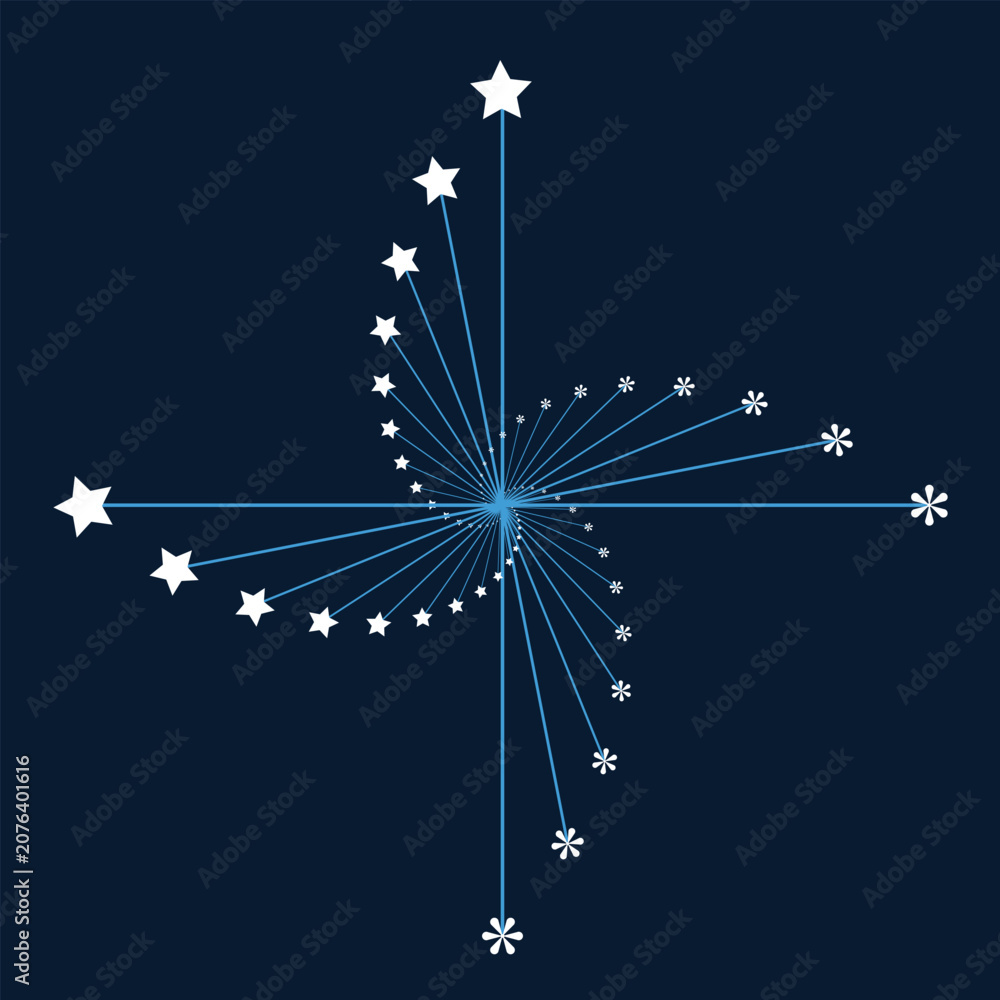 Fototapeta premium Swirling blue lines with white stars and snowflakes on dark background, compass rose effect