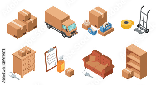 Isometric Moving and Logistics Services Vector Illustration for Business Relocation Planning and Property Delivery Concept Design
