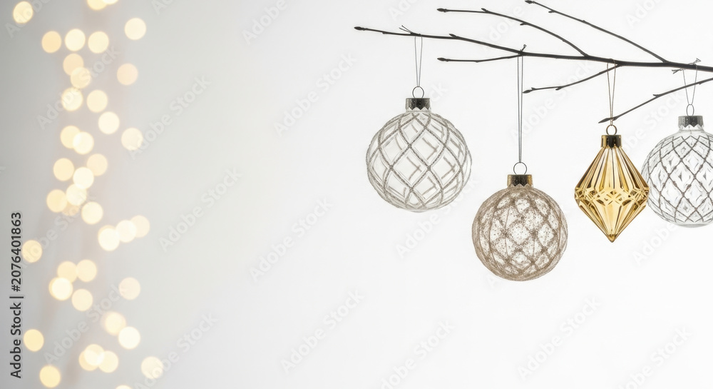 Obraz premium Elegant christmas tree ornaments hanging from thin wooden branches decorated with glowing festive golden bokeh lights on soft blurred white background.