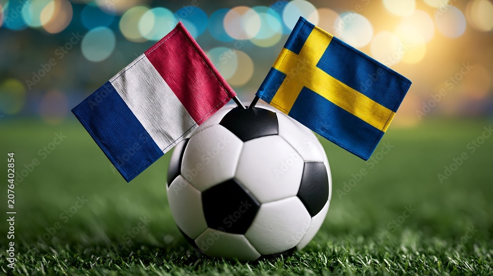 Naklejka premium Soccer ball on green grass with France and Sweden national flags for an international football match concept