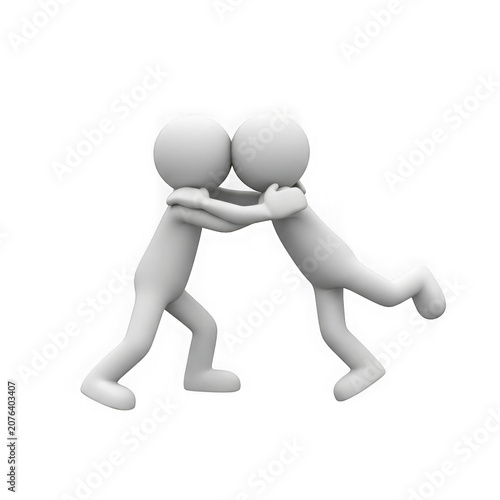 Two 3D figures helping each other stand up together transparent background