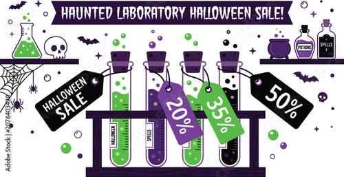 Halloween Sale Banner with Haunted Laboratory Theme Test Tubes Potions and Discount Price Tags for Spooky Retail Promotion illustration