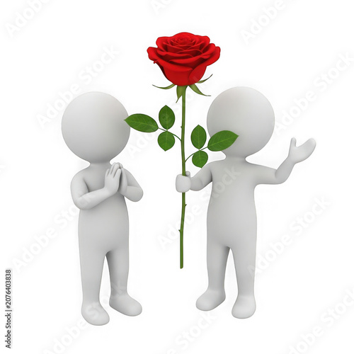 Two 3D figures holding red rose together in loving gesture transparent background