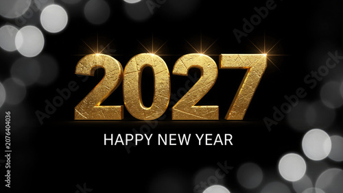 Golden 2027 new year typography with bokeh lights on a black background