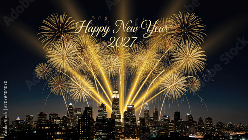 Golden fireworks illuminating a city skyline celebrating the new year 2027