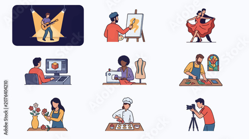 Fotografie Flat Illustration Grid of Diverse People Engaging in Creative Hobbies and Pastim