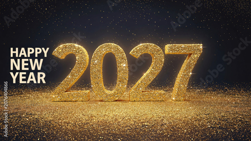 Golden glitter numbers spelling happy new year 2027 with sparkling dust background