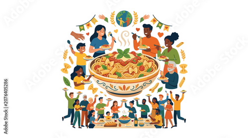 Diverse Group Sharing Large Bowl of Pasta in Community Meal Celebration