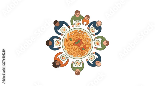 Diverse Group Sharing Italian Pasta Meal at Round Table Top View