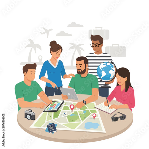 Diverse group planning a trip around a world map, travel planning concept