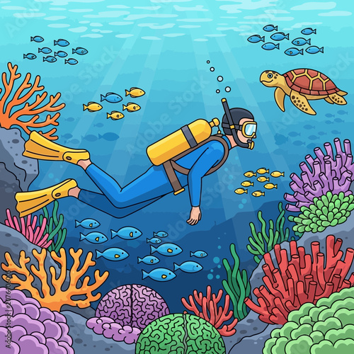 Diver Exploring Coral Reef with Turtle and Fish