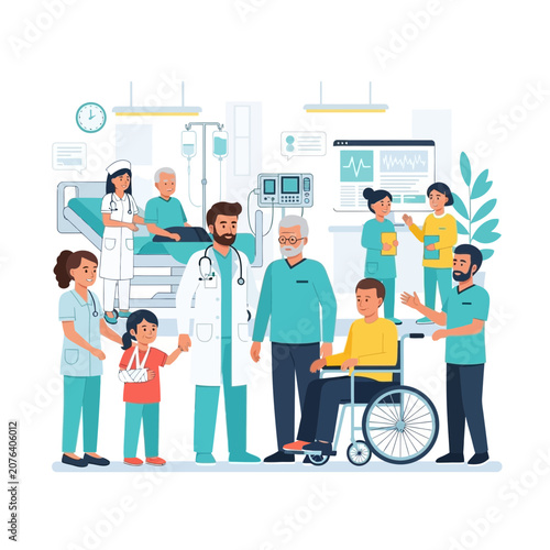 Diverse Medical Team Caring for Patients in Modern Hospital Ward