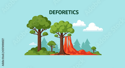 Deforestation concept illustration, trees cut down, environmental damage, nature destruction
