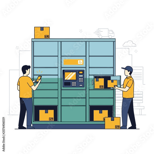 Delivery Locker Service: People Using Automated Parcel Station for Package Pickup