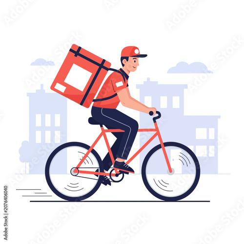 Delivery man on bicycle with thermal bag, urban city background, food delivery service