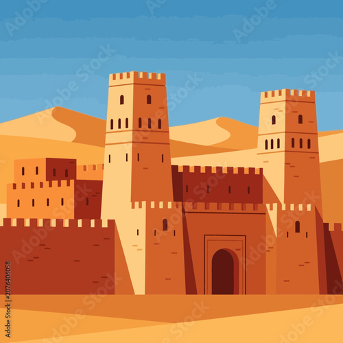 Desert Fortress Architecture: Ancient Castle in Sandy Dunes Landscape