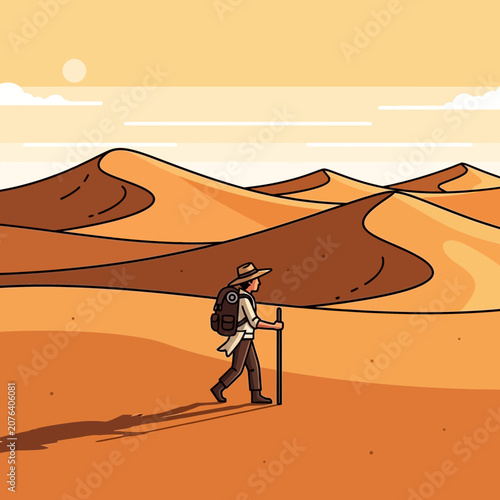Desert Trekker: Lone Hiker with Backpack and Stick Navigating Sand Dunes