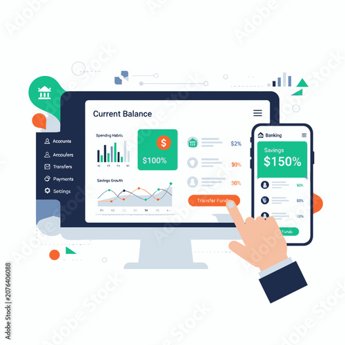 Digital Banking Interface on Computer and Smartphone Screen with Hand Interaction