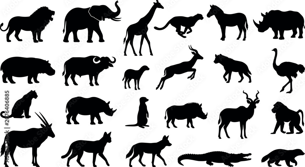 Obraz premium African safari wildlife animals black silhouettes collection isolated on white background for design elements